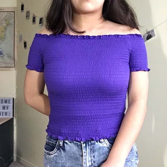 purple smocked off-shoulder crop top - Picture 2 of 4